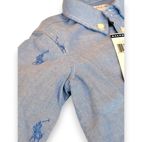 Polo Ralph Lauren Chambray Blue Baby Shirt Allover Pony Logo Long Sleeve, 6M NWT - Picture 10 of 14